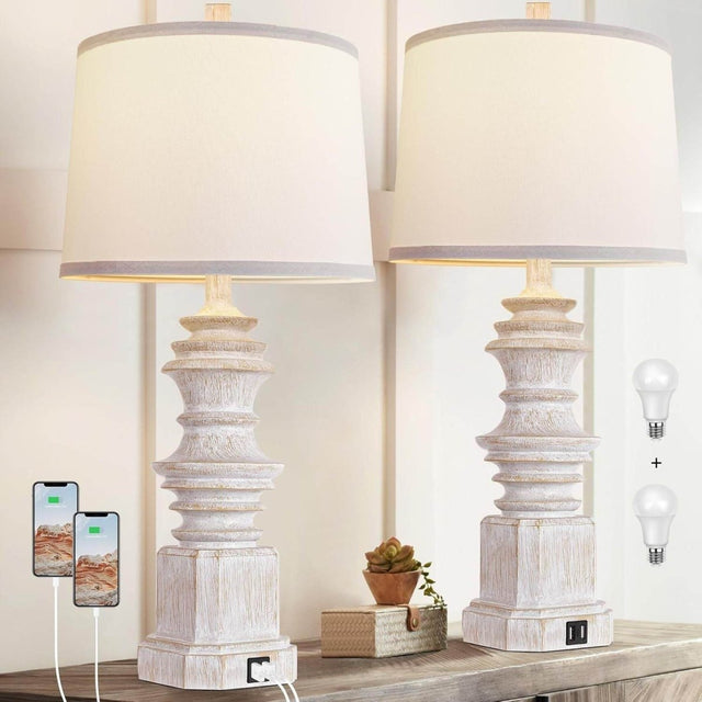 Set Of 2 Farmhouse Resin Table Lamps With USB - Driftwood - Sleep Galleria