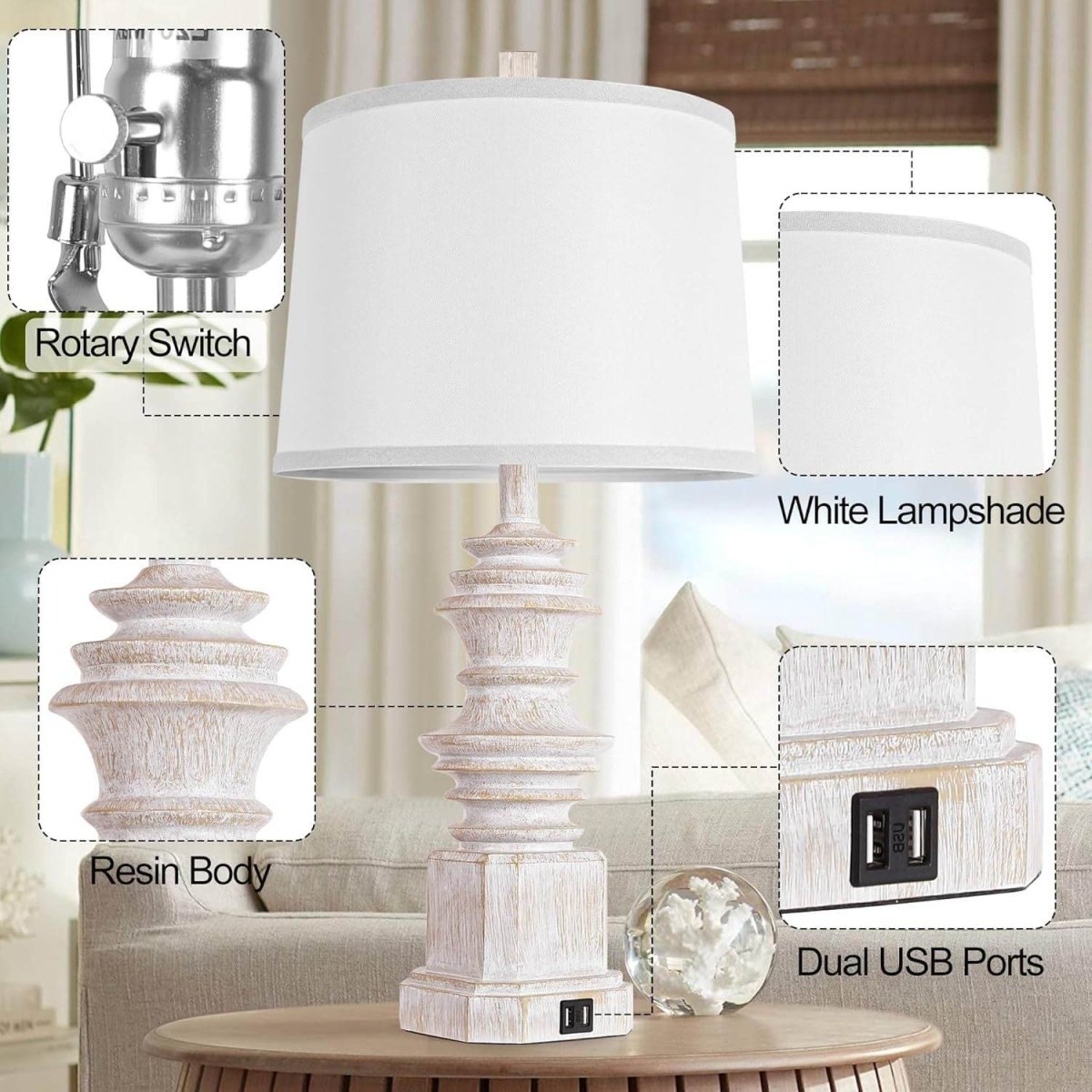 Set Of 2 Farmhouse Resin Table Lamps With USB - Driftwood - Sleep Galleria