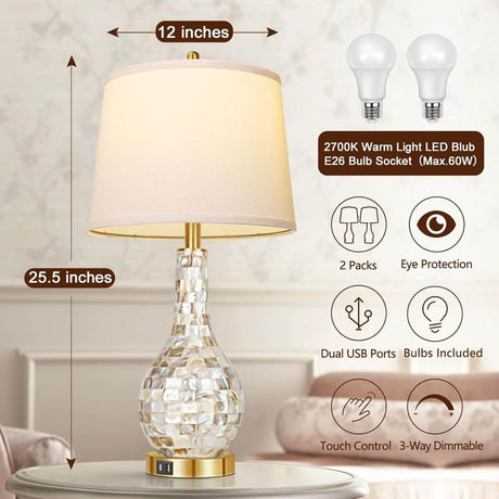 Set of 2 Gold Shell Tile LED Table Lamps with USB Port - Driftwood - Sleep Galleria