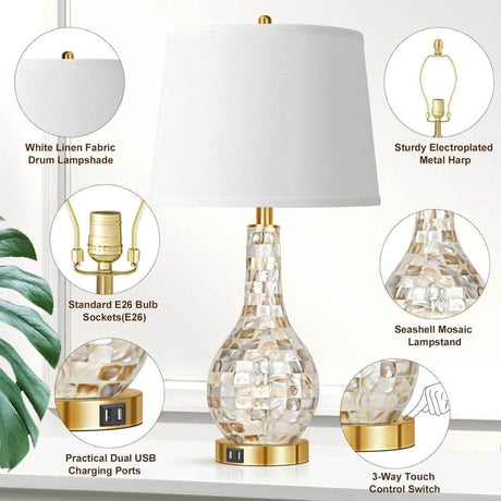 Set of 2 Gold Shell Tile LED Table Lamps with USB Port - Driftwood - Sleep Galleria