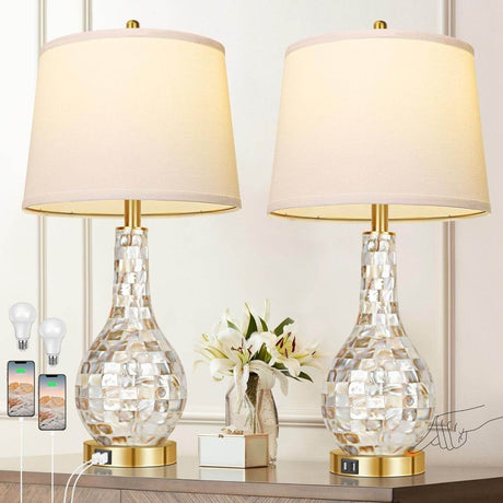 Set of 2 Gold Shell Tile LED Table Lamps with USB Port - Driftwood - Sleep Galleria