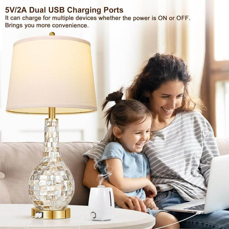 Set of 2 Gold Shell Tile LED Table Lamps with USB Port - Driftwood - Sleep Galleria