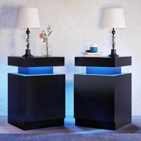 Set of 2 Modern Wood Nightstands With LED Lights - Driftwood - Sleep Galleria