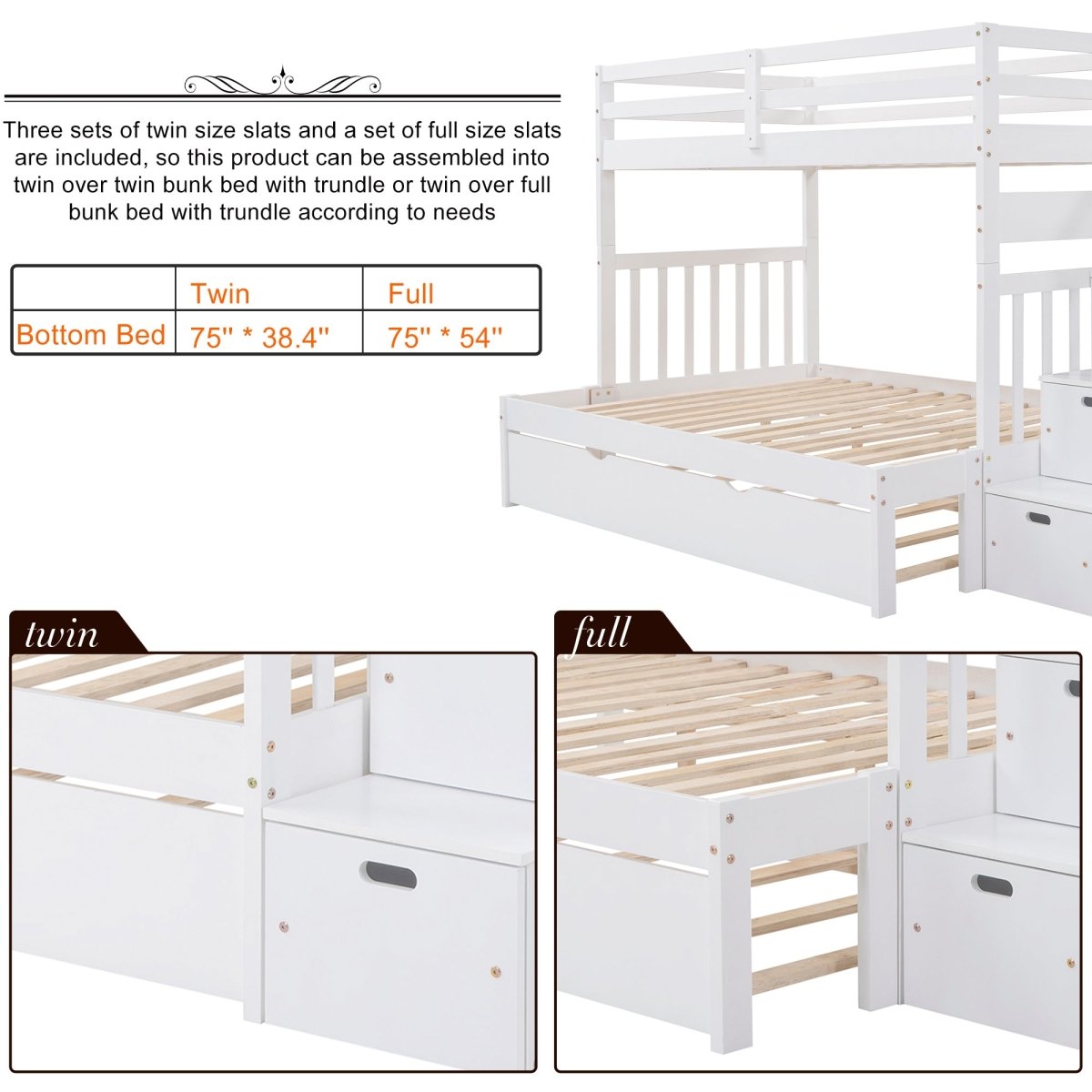 Solid Wood Twin Over Twin Full Bunk Bed With Trundle - Driftwood - Sleep Galleria