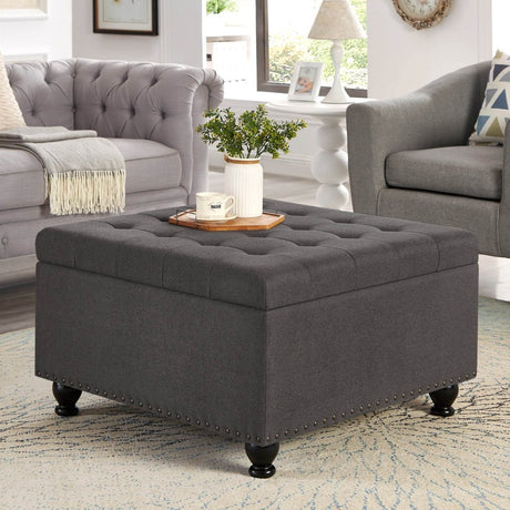 Tufted Square Linen Storage Ottoman With Wood Legs - Driftwood - Sleep Galleria