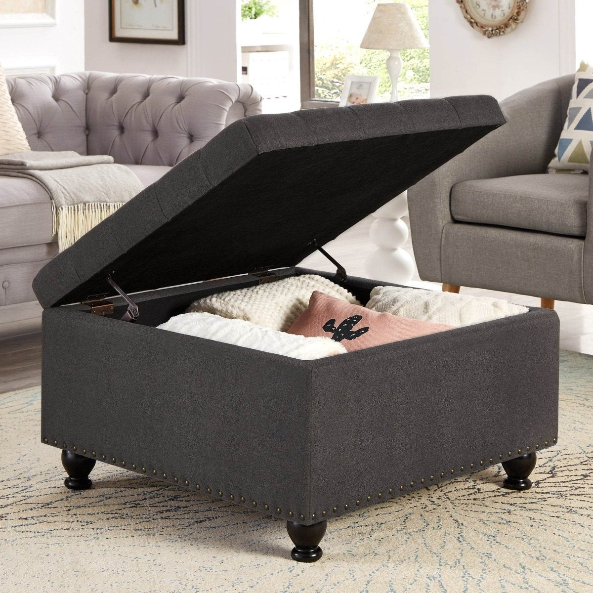 Tufted Square Linen Storage Ottoman With Wood Legs - Driftwood - Sleep Galleria