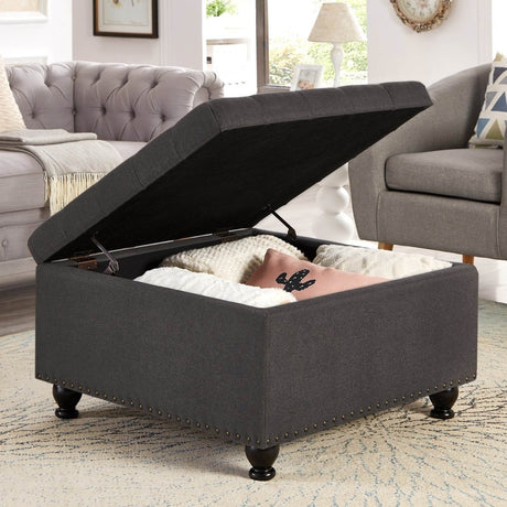 Tufted Square Linen Storage Ottoman With Wood Legs - Driftwood - Sleep Galleria
