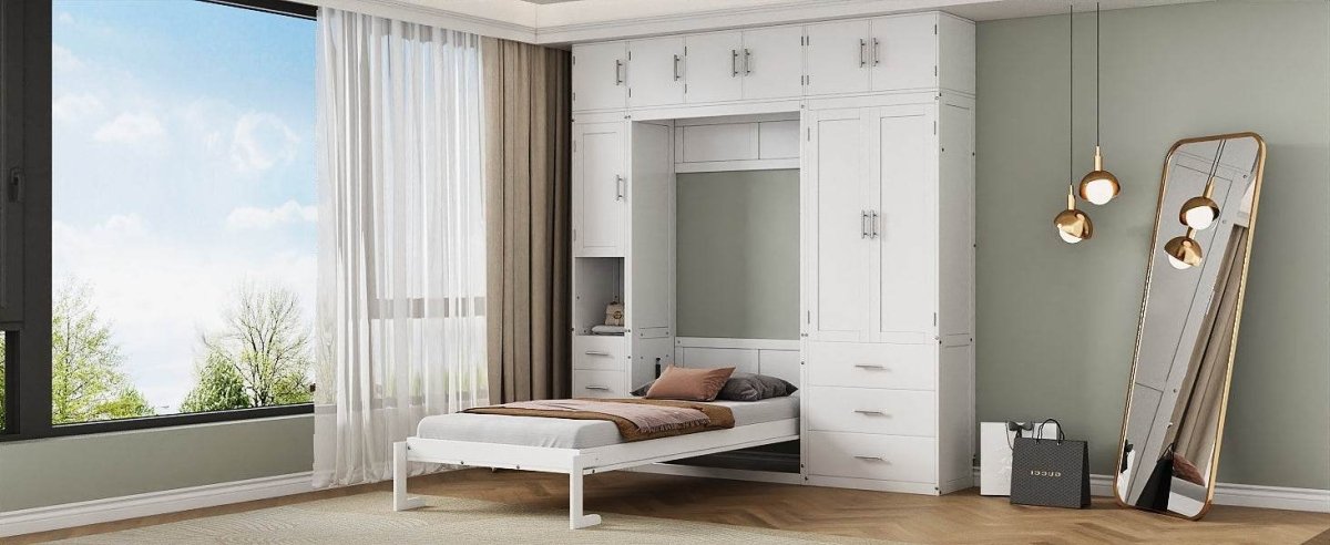 Twin Murphy Bed Frame With Lockers And Wardrobes - Driftwood - Sleep Galleria