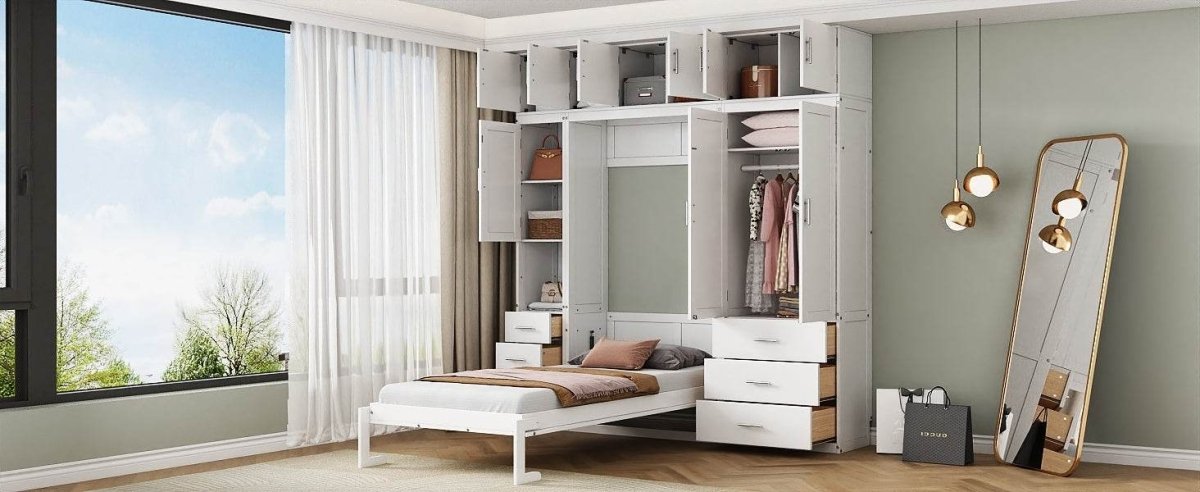 Twin Murphy Bed Frame With Lockers And Wardrobes - Driftwood - Sleep Galleria