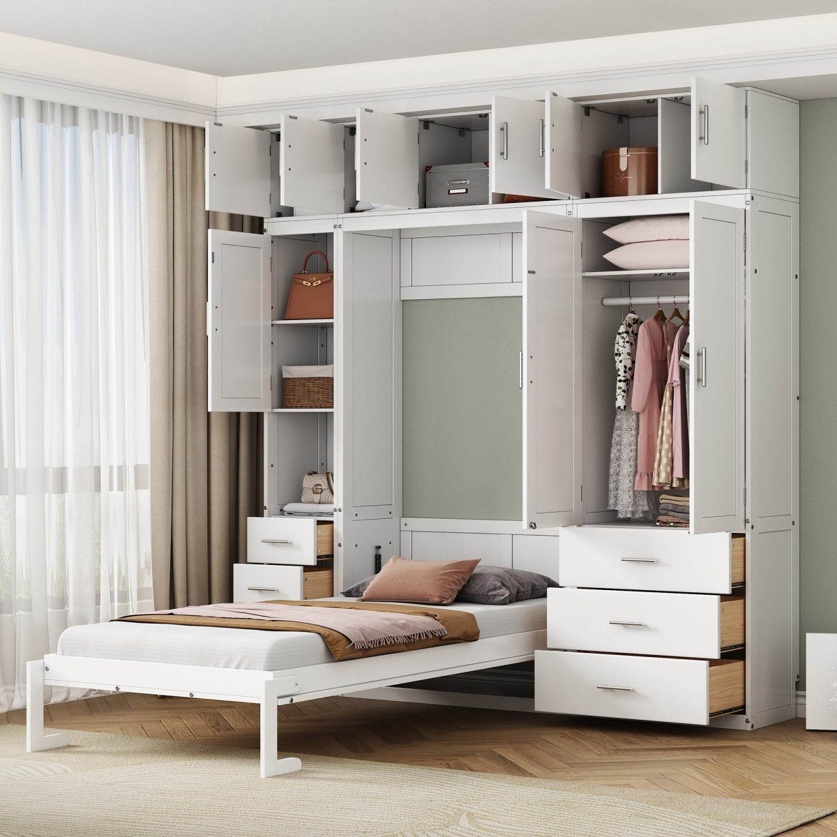 Twin Murphy Bed Frame With Lockers And Wardrobes - Driftwood - Sleep Galleria