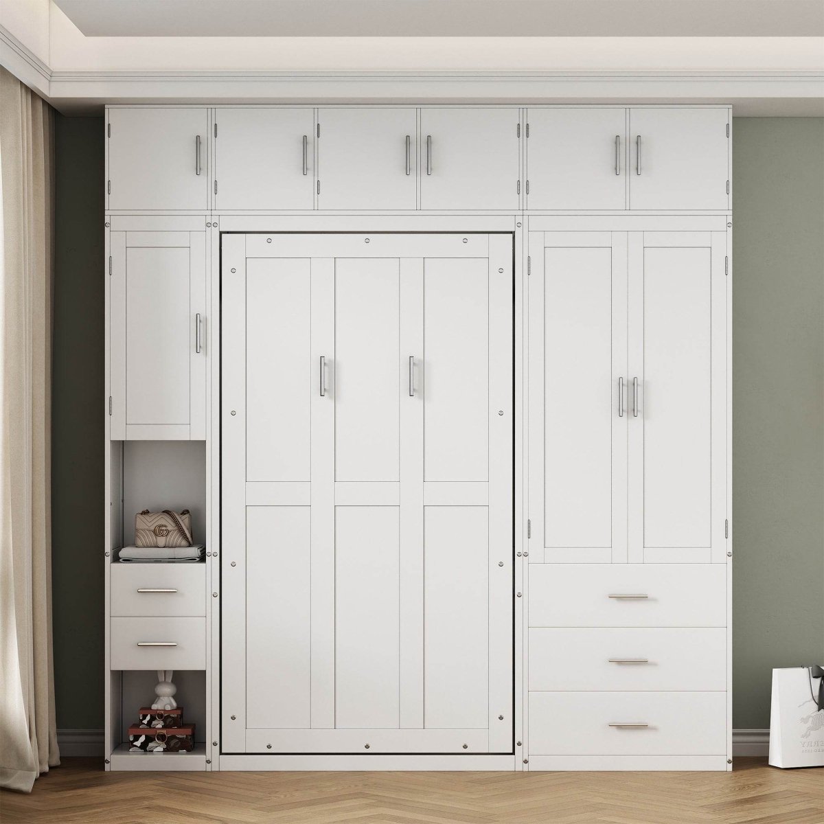 Twin Murphy Bed Frame With Lockers And Wardrobes - Driftwood - Sleep Galleria