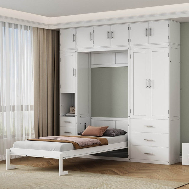 Twin Murphy Bed Frame With Lockers And Wardrobes - Driftwood - Sleep Galleria