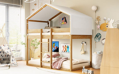 Twin Over Twin Solid Wood Bunk Bed With Tent - Driftwood - Sleep Galleria