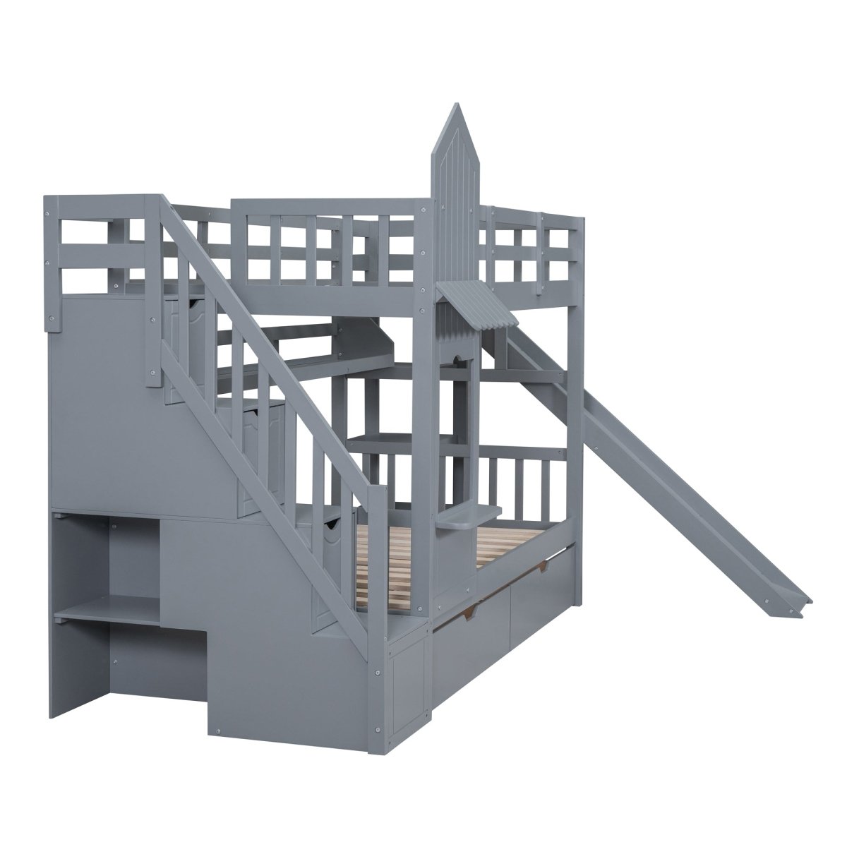 Twin - Over - Twin Solid Wood Castle Style Bunk Bed - Driftwood - Sleep Galleria