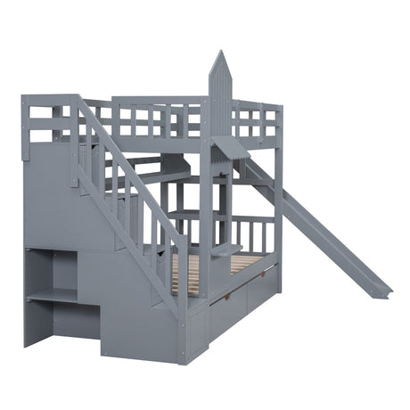 Twin - Over - Twin Solid Wood Castle Style Bunk Bed - Driftwood - Sleep Galleria