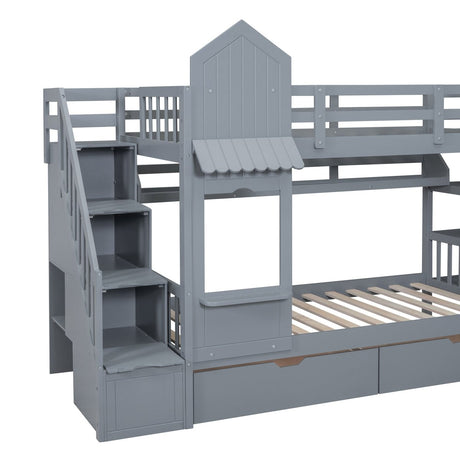Twin - Over - Twin Solid Wood Castle Style Bunk Bed - Driftwood - Sleep Galleria