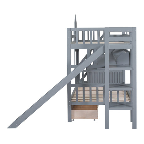 Twin - Over - Twin Solid Wood Castle Style Bunk Bed - Driftwood - Sleep Galleria