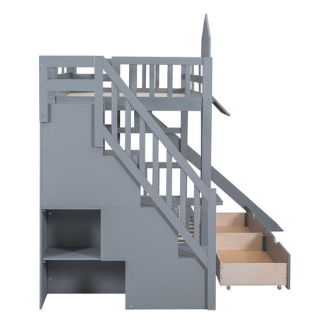 Twin - Over - Twin Solid Wood Castle Style Bunk Bed - Driftwood - Sleep Galleria