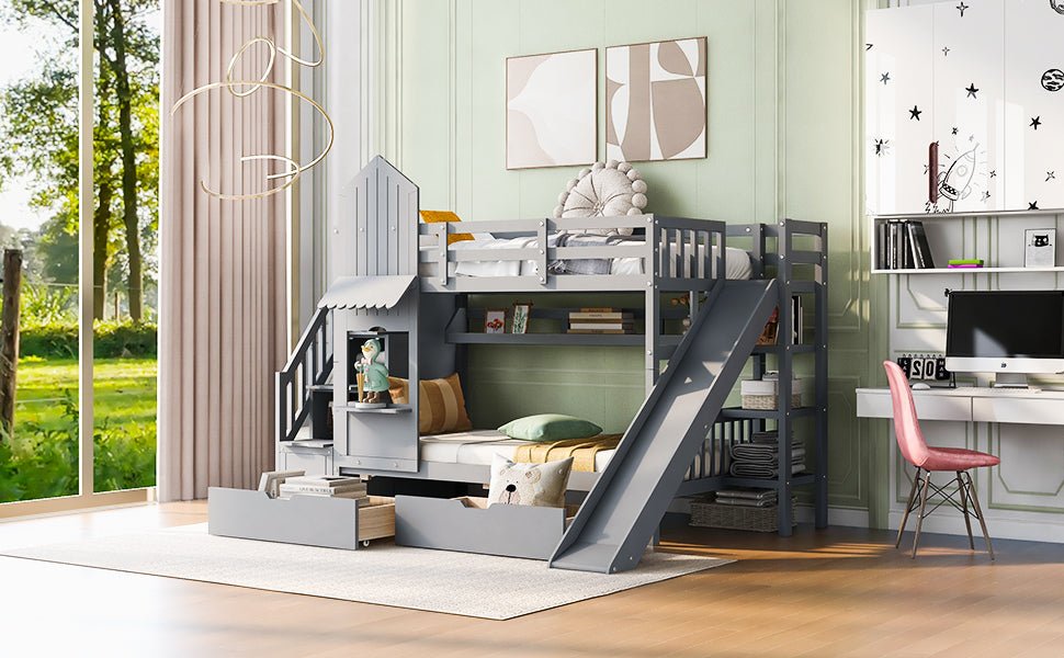 Twin - Over - Twin Solid Wood Castle Style Bunk Bed - Driftwood - Sleep Galleria