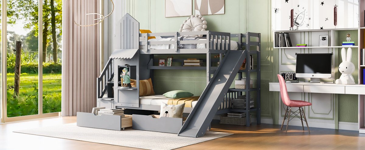 Twin - Over - Twin Solid Wood Castle Style Bunk Bed - Driftwood - Sleep Galleria