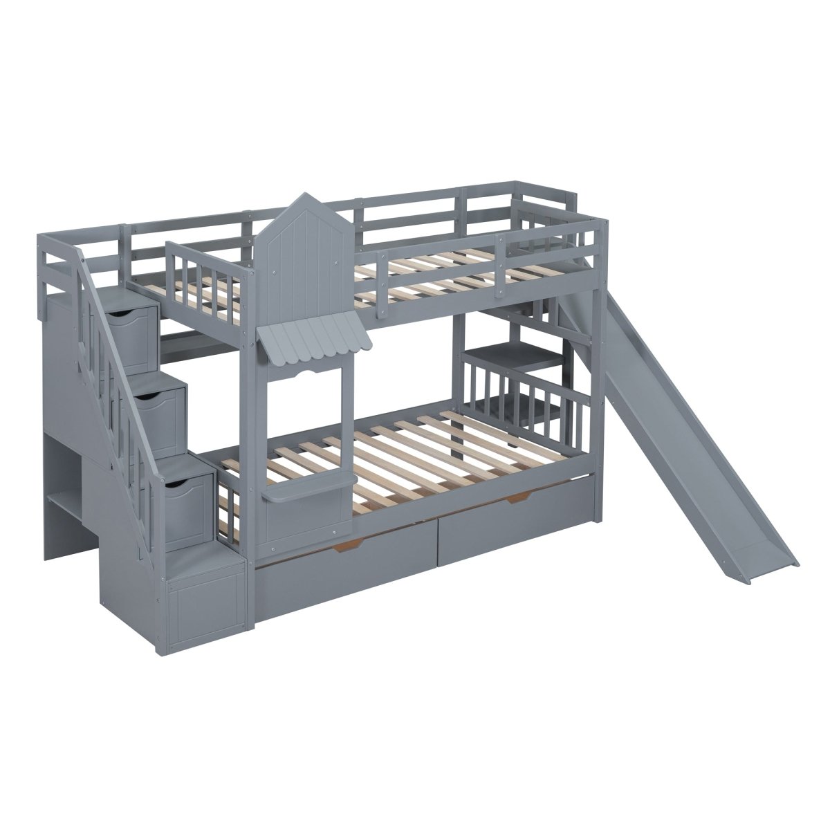 Twin - Over - Twin Solid Wood Castle Style Bunk Bed - Driftwood - Sleep Galleria