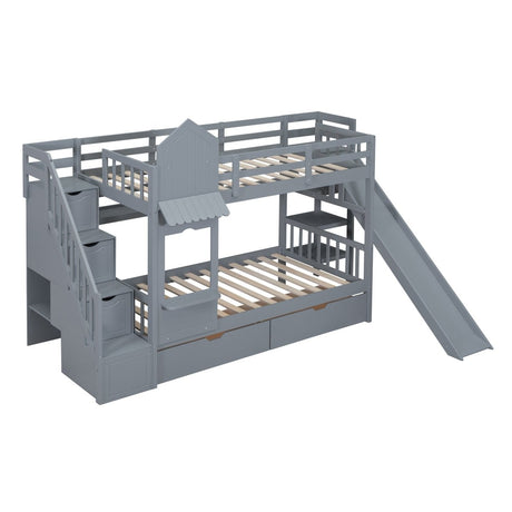 Twin - Over - Twin Solid Wood Castle Style Bunk Bed - Driftwood - Sleep Galleria