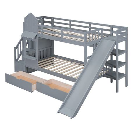 Twin - Over - Twin Solid Wood Castle Style Bunk Bed - Driftwood - Sleep Galleria