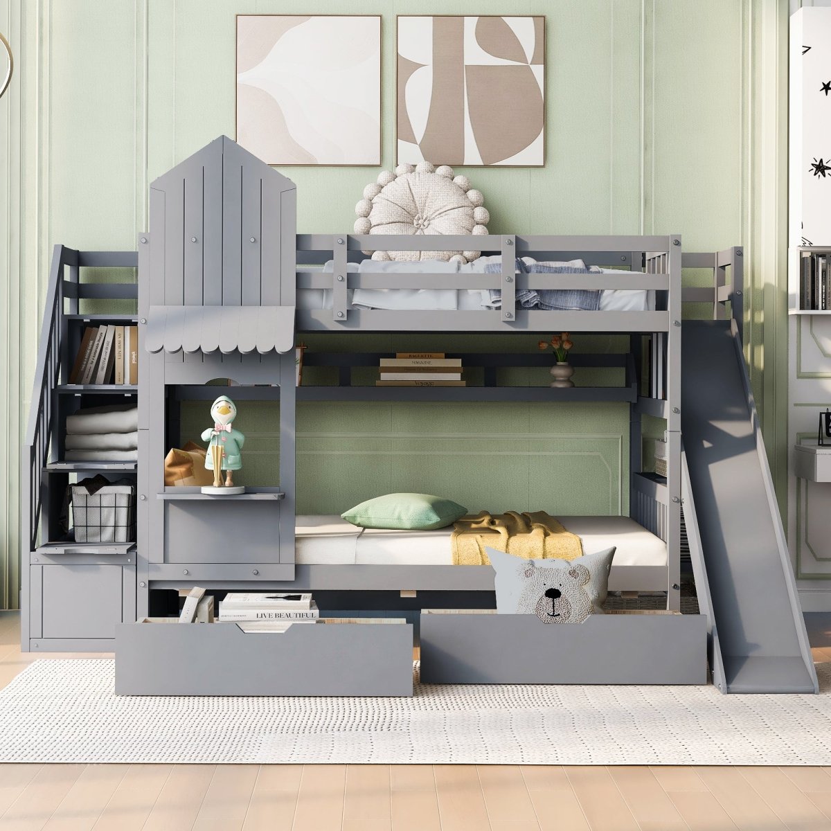 Twin - Over - Twin Solid Wood Castle Style Bunk Bed - Driftwood - Sleep Galleria