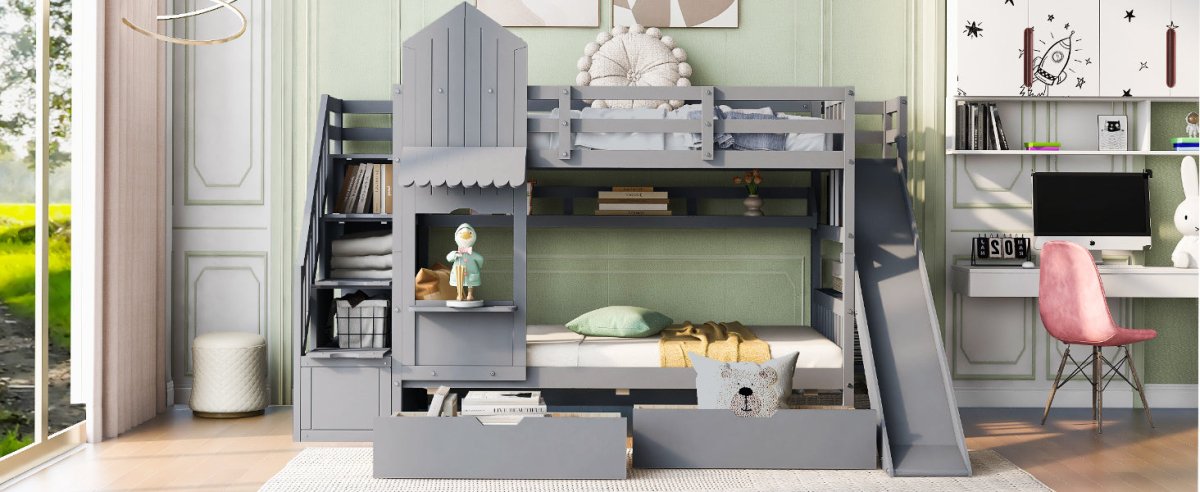 Twin - Over - Twin Solid Wood Castle Style Bunk Bed - Driftwood - Sleep Galleria