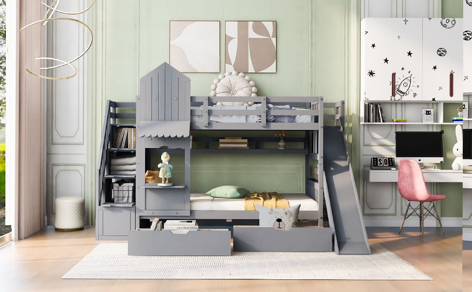 Twin - Over - Twin Solid Wood Castle Style Bunk Bed - Driftwood - Sleep Galleria