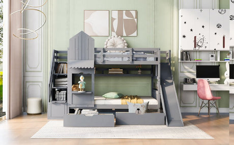 Twin - Over - Twin Solid Wood Castle Style Bunk Bed - Driftwood - Sleep Galleria