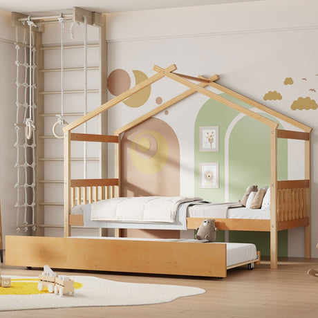 Twin Size Solid Wood House Daybed With Trundle - Driftwood - Sleep Galleria