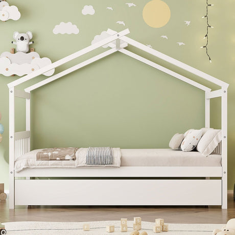 Twin Size Solid Wood House Daybed With Trundle - Driftwood - Sleep Galleria