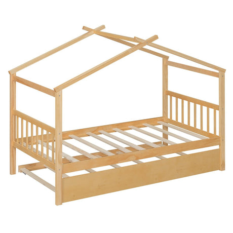 Twin Size Solid Wood House Daybed With Trundle - Driftwood - Sleep Galleria