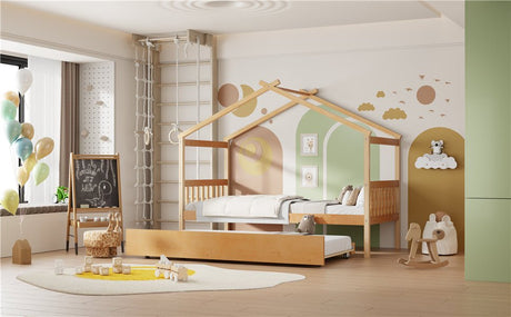 Twin Size Solid Wood House Daybed With Trundle - Driftwood - Sleep Galleria