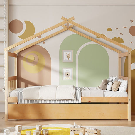 Twin Size Solid Wood House Daybed With Trundle - Driftwood - Sleep Galleria