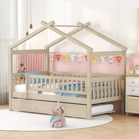 Twin Wooden House Daybed With Trundle Storage - Driftwood - Sleep Galleria
