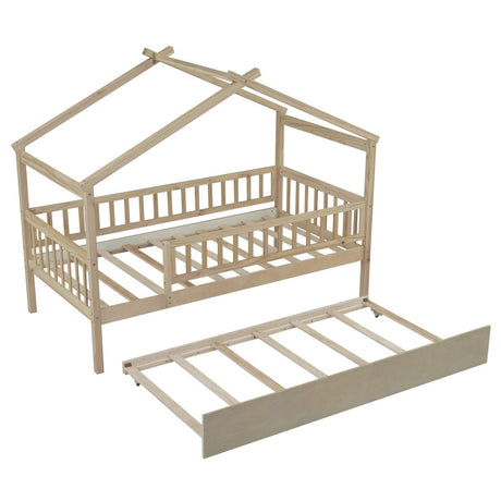 Twin Wooden House Daybed With Trundle Storage - Driftwood - Sleep Galleria