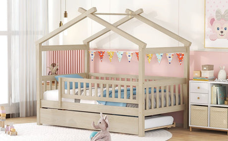 Twin Wooden House Daybed With Trundle Storage - Driftwood - Sleep Galleria