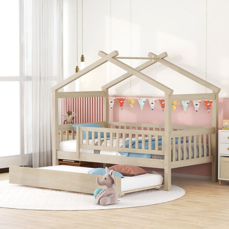 Twin Wooden House Daybed With Trundle Storage - Driftwood - Sleep Galleria