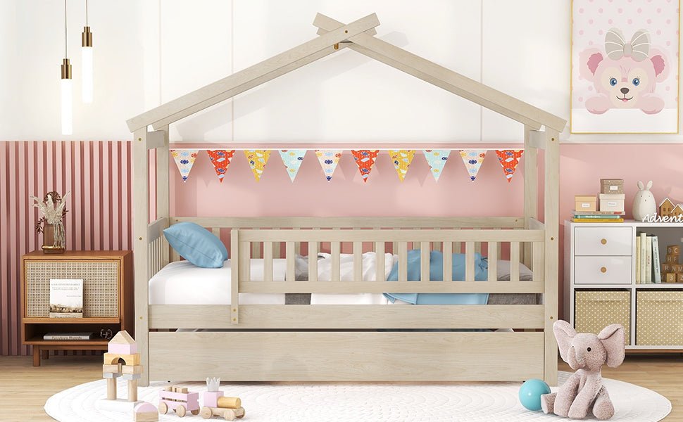 Twin Wooden House Daybed With Trundle Storage - Driftwood - Sleep Galleria