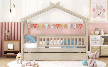 Twin Wooden House Daybed With Trundle Storage - Driftwood - Sleep Galleria