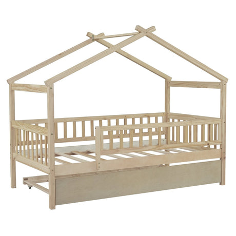 Twin Wooden House Daybed With Trundle Storage - Driftwood - Sleep Galleria