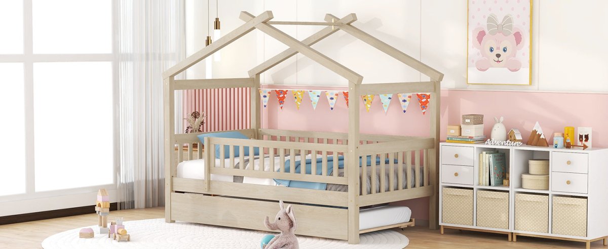 Twin Wooden House Daybed With Trundle Storage - Driftwood - Sleep Galleria