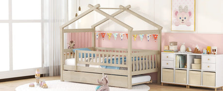 Twin Wooden House Daybed With Trundle Storage - Driftwood - Sleep Galleria