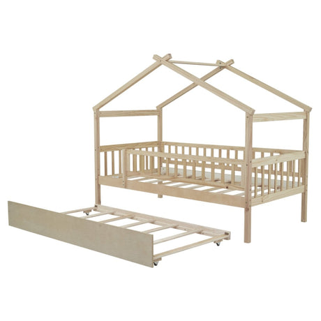 Twin Wooden House Daybed With Trundle Storage - Driftwood - Sleep Galleria