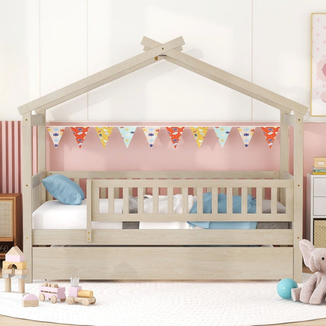 Twin Wooden House Daybed With Trundle Storage - Driftwood - Sleep Galleria