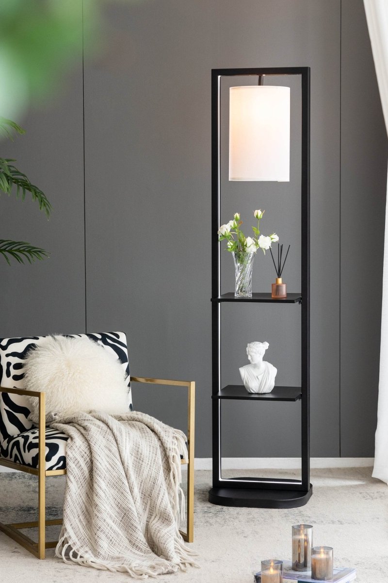 Two Tiered Vertical Iron Shelving Stand With Light - Driftwood - Sleep Galleria