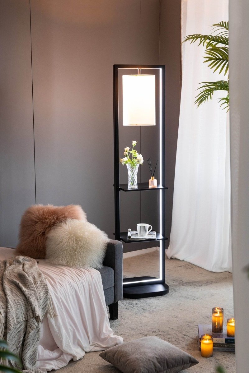 Two Tiered Vertical Iron Shelving Stand With Light - Driftwood - Sleep Galleria