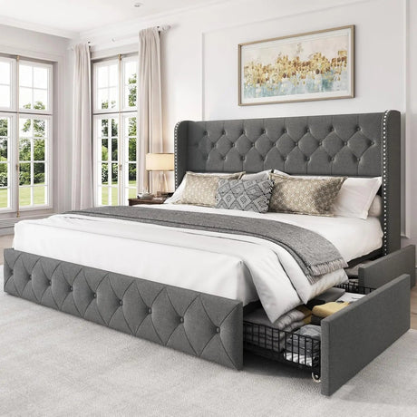 Velvet Upholstered Platform Bed Frame With Storage Drawers - Driftwood - Sleep Galleria